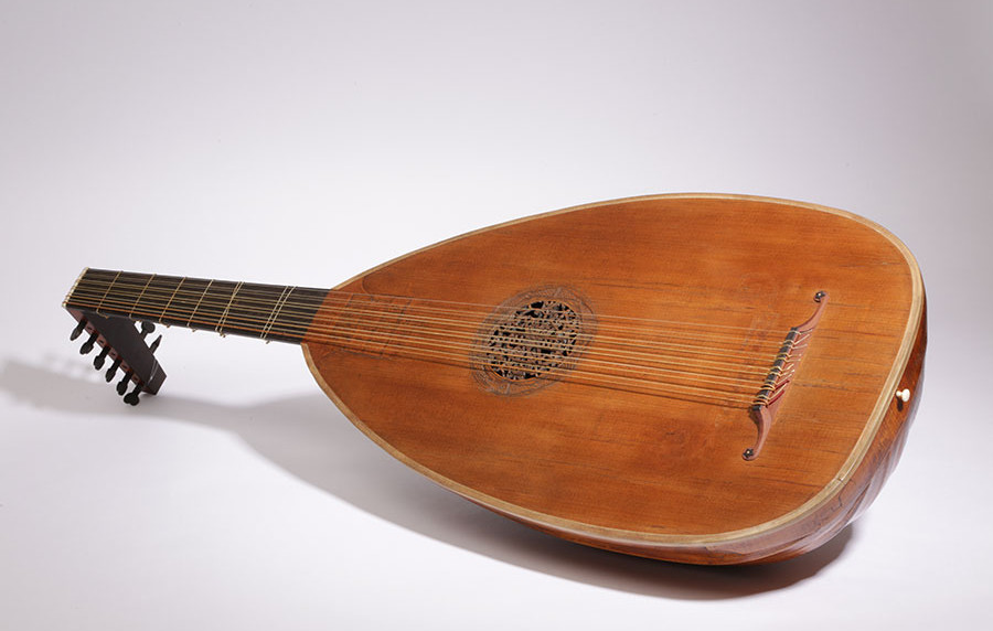 This lute was made in 1545, and is modeled after a type of Bolognese lute. The resonating body has a semi-circular bent; six sides extend over a delicately perforated sound hole and fingerboard to the angled head of the lute. Music and lute playing were very important to Luther.