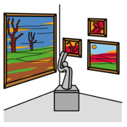 Grafik, die eine Ausstellung darstellt, mit Gemälden und Skulpturen.