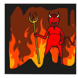 Grafik eines Teufels, der mit Dreispitzforke vor Flammen in der Hölle steht.